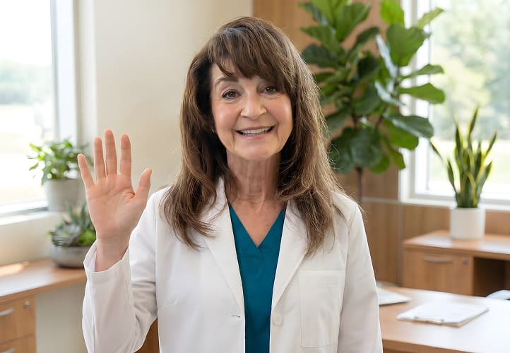 Smiling doctor waving during a video visit